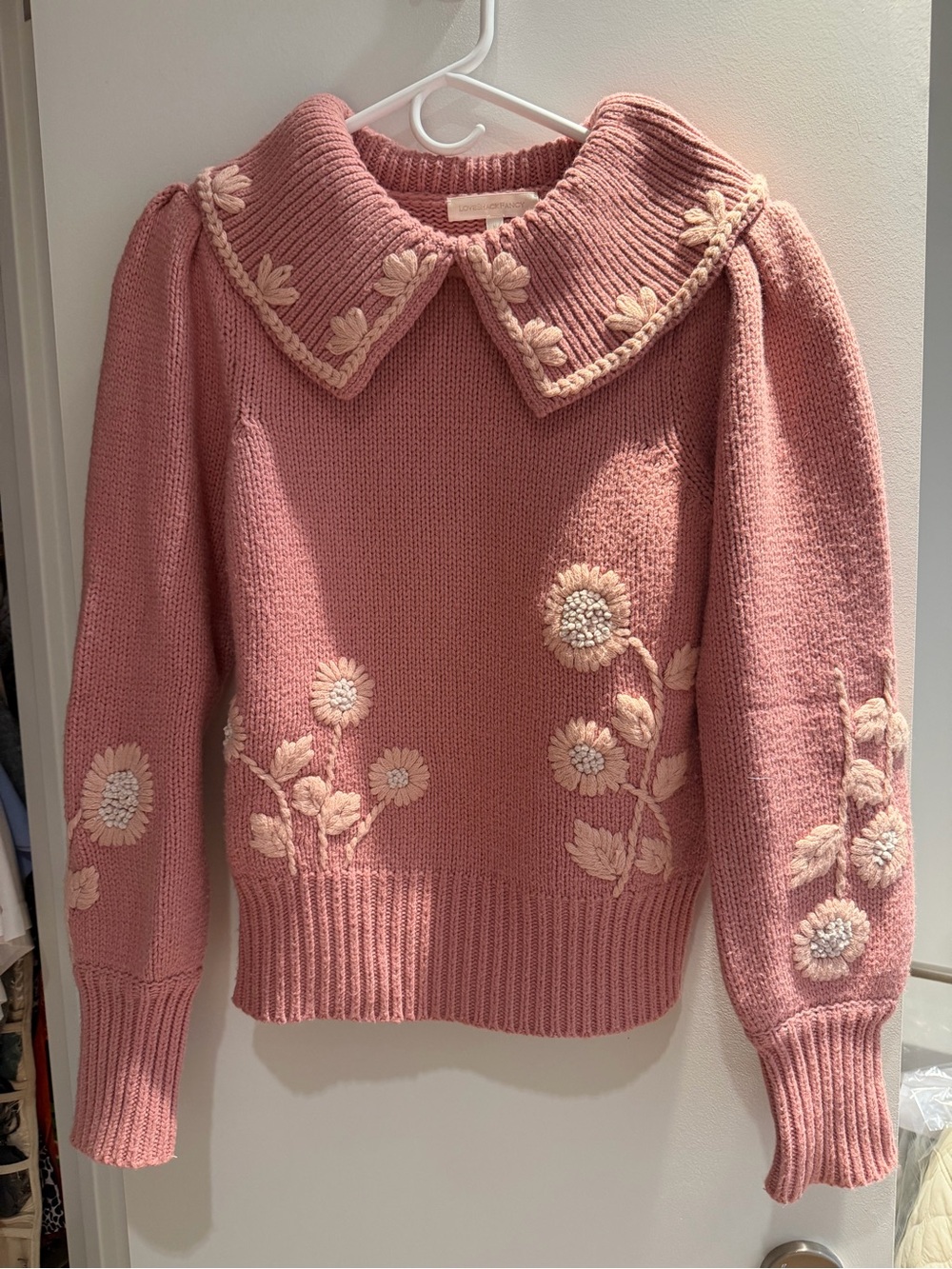 LoveShackFancy Pink Floral Sweater with Collar